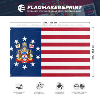 A mockup depicting custom flag specifications and measurements for 'Kingdom of America flag'