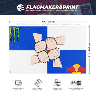 A mockup depicting custom flag specifications and measurements for 'friend gc flag'