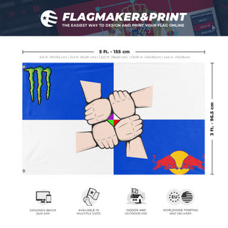 A mockup depicting custom flag specifications and measurements for 'Friend gc Flag'