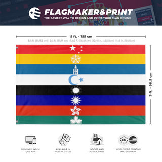 A mockup depicting custom flag specifications and measurements for 'Peacefully Unified China  flag'