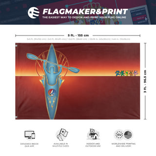 A mockup depicting custom flag specifications and measurements for 'Kayak 1 With Bears flag'
