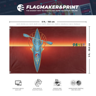 A mockup depicting custom flag specifications and measurements for 'Kayak Flag 1 3 flag'