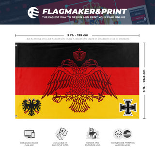 A mockup depicting custom flag specifications and measurements for 'Historic Imperial German Flag'