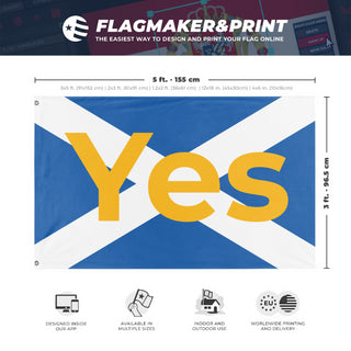 A mockup depicting custom flag specifications and measurements for 'ScotlandYes flag'
