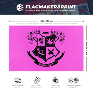 A mockup depicting custom flag specifications and measurements for 'Wodanien flag'