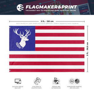 A mockup depicting custom flag specifications and measurements for 'Whitetail Union flag'