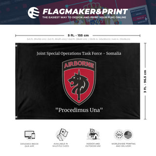 A mockup depicting custom flag specifications and measurements for 'SOCAF 2 flag'