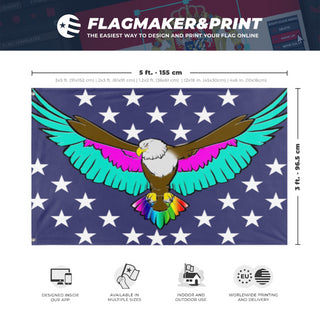 A mockup depicting custom flag specifications and measurements for 'Queen Eagle flag'