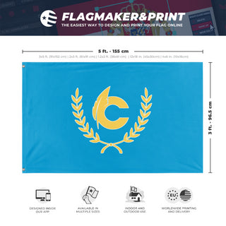 A mockup depicting custom flag specifications and measurements for 'Center Club Sig Chi flag'