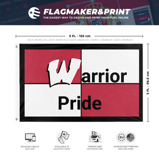 A mockup depicting custom flag specifications and measurements for 'Warrior Pride flag'