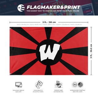 A mockup depicting custom flag specifications and measurements for 'Warrior Sunburst flag'