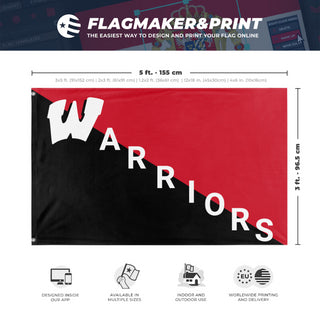 A mockup depicting custom flag specifications and measurements for 'Warrior Diagonal  flag'