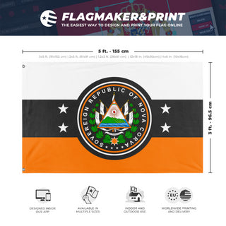 A mockup depicting custom flag specifications and measurements for 'Sovereign republic of Nova Corva flag'