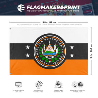 A mockup depicting custom flag specifications and measurements for 'American Sovereign Republic flag'