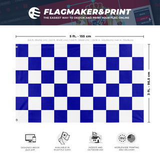 A mockup depicting custom flag specifications and measurements for 'Blue and White Checkered Flag'