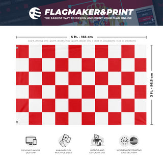 A mockup depicting custom flag specifications and measurements for 'Red and White Checkered Flag'