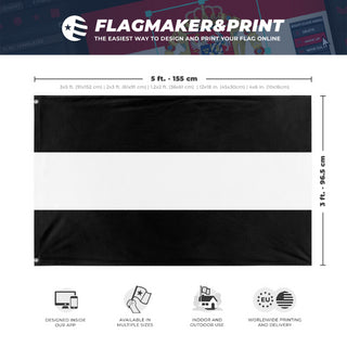 A mockup depicting custom flag specifications and measurements for 'Black and White Striped Flag'