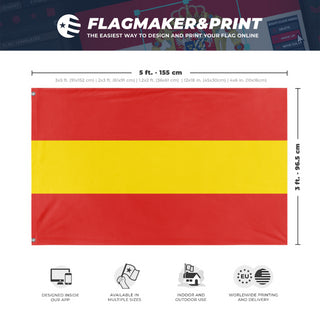 A mockup depicting custom flag specifications and measurements for 'Red and Yellow Striped Flag'