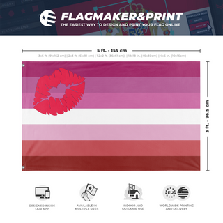 A mockup depicting custom flag specifications and measurements for 'Lesbian Lipstick Flag'