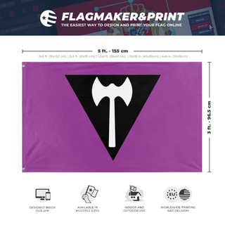 A mockup depicting custom flag specifications and measurements for 'Labrys Flag'