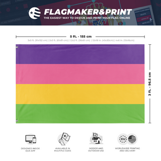 A mockup depicting custom flag specifications and measurements for 'Lesbian 4 color flag'