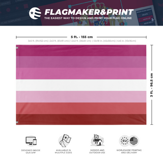 A mockup depicting custom flag specifications and measurements for 'Lesbian Pride Flag'
