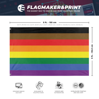 A mockup depicting custom flag specifications and measurements for 'Philadelphia Pride Flag'