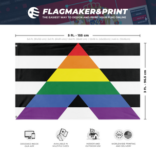 A mockup depicting custom flag specifications and measurements for 'Straight Ally Flag'