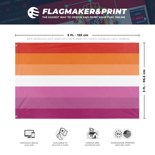 A mockup depicting custom flag specifications and measurements for 'Lesbian Flag'