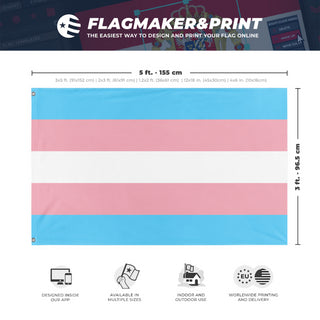 A mockup depicting custom flag specifications and measurements for 'Transgender Flag'
