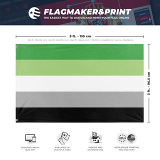 A mockup depicting custom flag specifications and measurements for 'Aromantic Flag'
