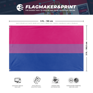 A mockup depicting custom flag specifications and measurements for 'Bisexual Flag'