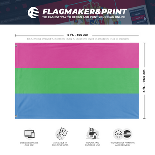 A mockup depicting custom flag specifications and measurements for 'Polysexual Flag'