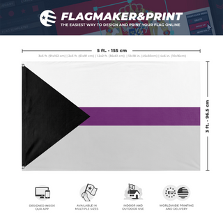 A mockup depicting custom flag specifications and measurements for 'Demisexual Flag'