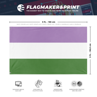 A mockup depicting custom flag specifications and measurements for 'Genderqueer Flag'