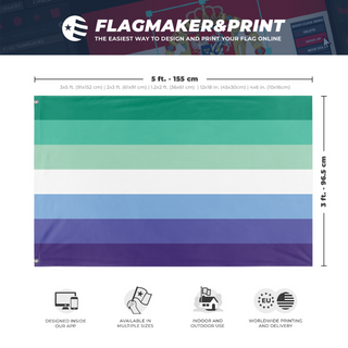 A mockup depicting custom flag specifications and measurements for 'Gay Man Flag'