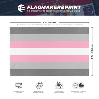A mockup depicting custom flag specifications and measurements for 'Demigirl Flag'