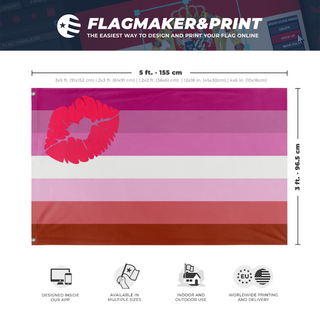 A mockup depicting custom flag specifications and measurements for 'Lipstick Lesbian Flag'