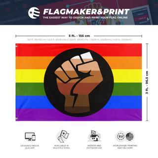 A mockup depicting custom flag specifications and measurements for 'Queer People of Color Flag'