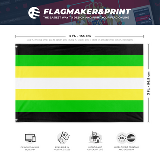 A mockup depicting custom flag specifications and measurements for 'Metagender Flag'