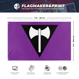 A mockup depicting custom flag specifications and measurements for 'Labrys Lesbian Pride Flag'