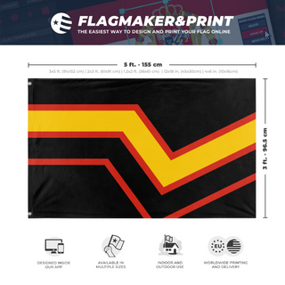 A mockup depicting custom flag specifications and measurements for 'Rubber Pride Flag'