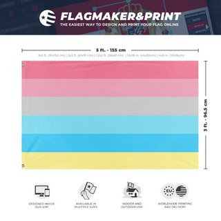 A mockup depicting custom flag specifications and measurements for 'Genderflux Flag'