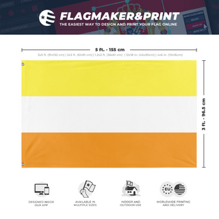 A mockup depicting custom flag specifications and measurements for 'Maverique Pride Flag'