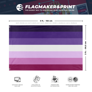 A mockup depicting custom flag specifications and measurements for 'Moon Lesbian Flag'