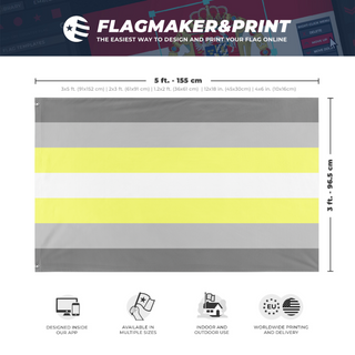A mockup depicting custom flag specifications and measurements for 'Demigender/Deminonbinary Flag'