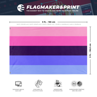 A mockup depicting custom flag specifications and measurements for 'Omnisexual Flag'