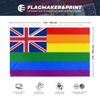 A mockup depicting custom flag specifications and measurements for 'British Colonial Pride Flag'