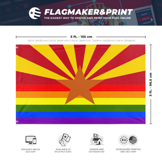 A mockup depicting custom flag specifications and measurements for 'Arizona Pride Flag'