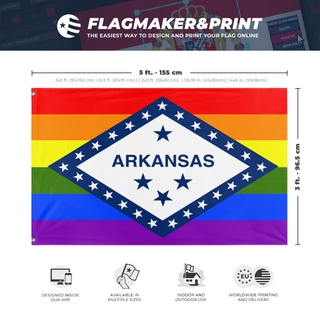 A mockup depicting custom flag specifications and measurements for 'Arkansas Pride Flag'